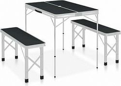 Skladací kempingový stôl s 2 lavicami hliník sivý